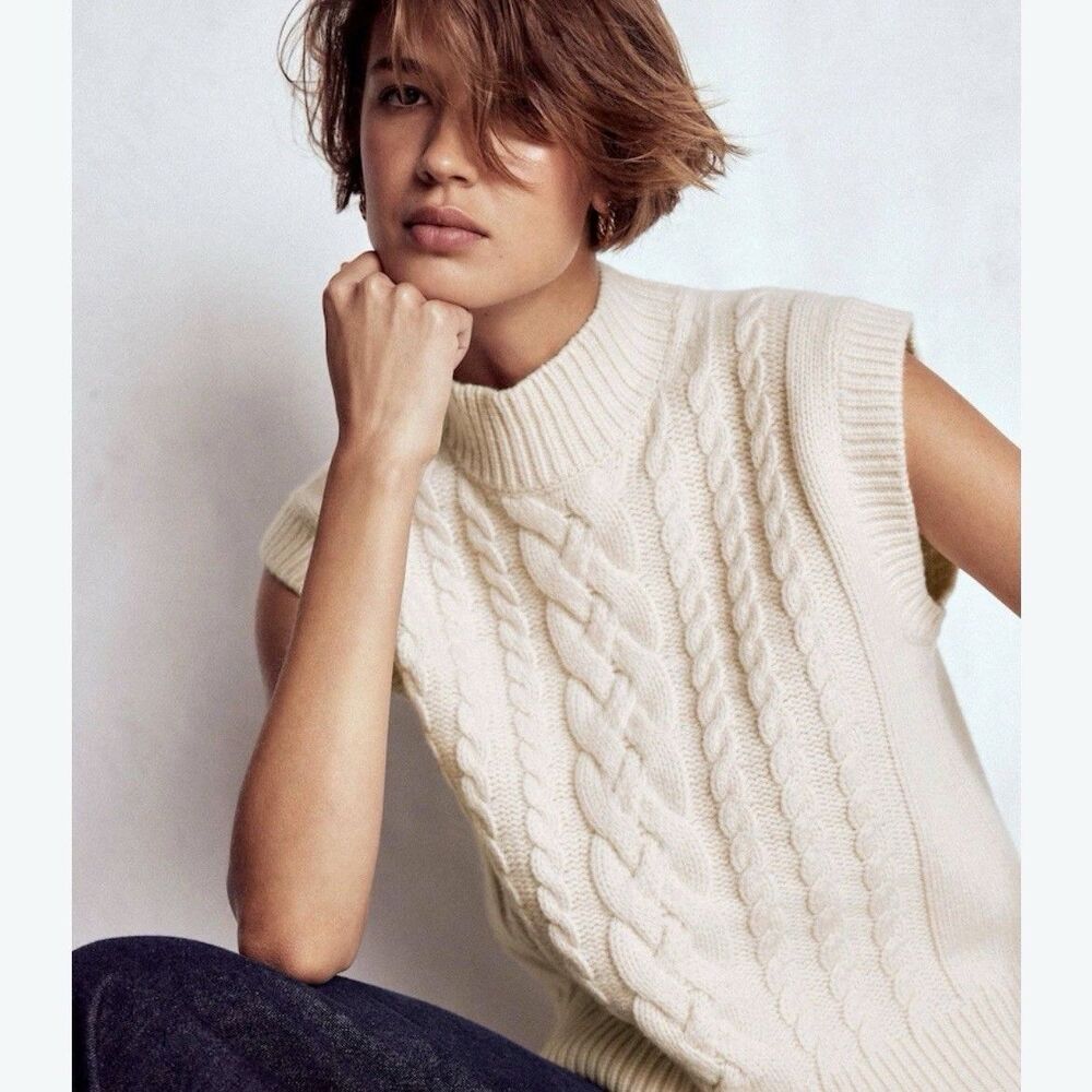 Boden Amara Merino Wool Cable Knit Vest size M Cream